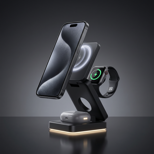 Nexus 3-in-1 foldable MagSafe charger charging a phone, smartwatch and earbuds