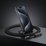 Vantage 240W braided USB-C cable with built-in fold-out stand holding a phone