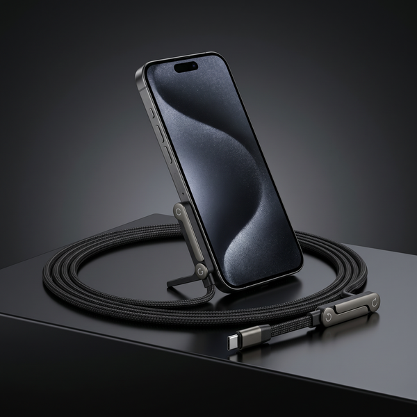 Vantage 240W braided USB-C cable with built-in fold-out stand holding a phone