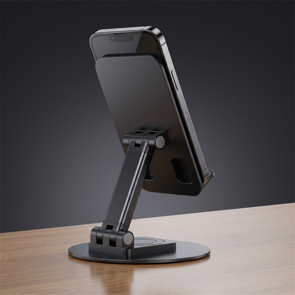 Pivot foldable aluminium phone stand holding a smartphone
