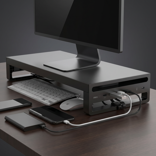 Apex aluminium monitor riser elevating a monitor with integrated USB hub