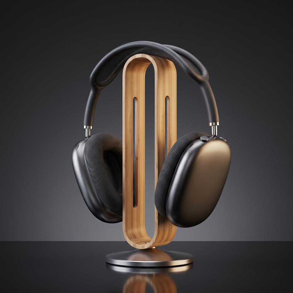 Maestro bamboo and metal headphone stand holding over-ear headphones