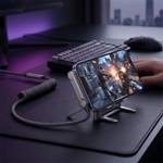 Vantage gaming cable holding a phone upright on a desk while charging