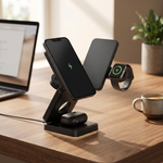 Nexus 3-in-1 charger on a modern desk charging three devices