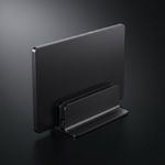 Pillar vertical aluminium laptop dock holding a closed laptop upright