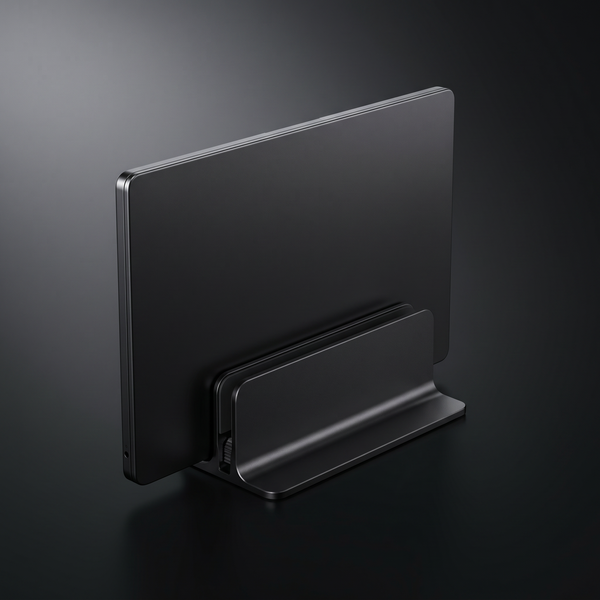 Pillar vertical aluminium laptop dock holding a closed laptop upright