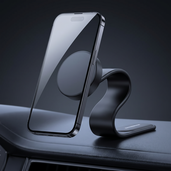 Gravity magnetic bendable car mount holding a smartphone on a dashboard