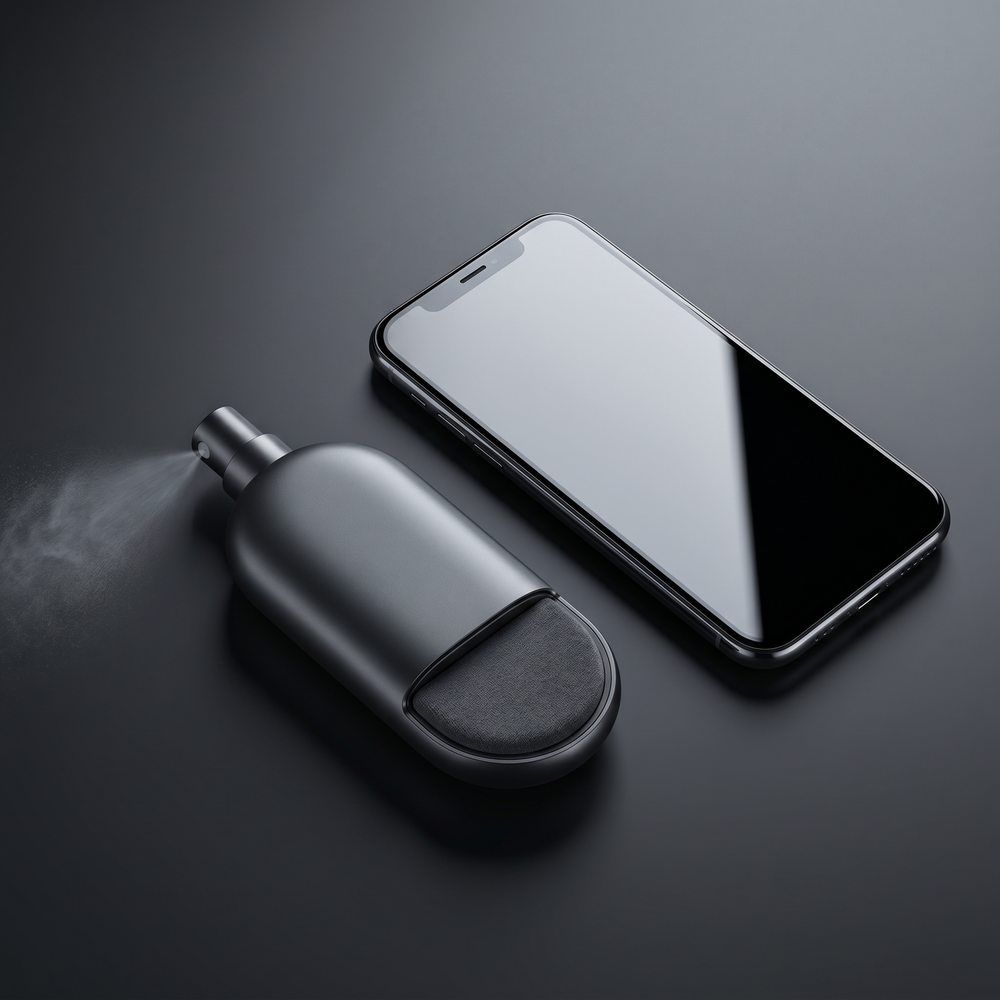 Clarity 2-in-1 screen cleaner beside a smartphone with a spotless screen