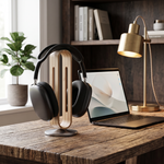 Maestro headphone stand on a wooden desk beside a laptop and lamp